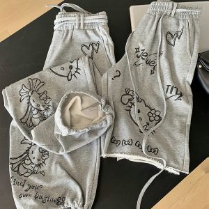 Gray Printed Wide-Leg Casual Pants for Women - Loose Slim Fit Summer Trousers, Trendy 90s Style