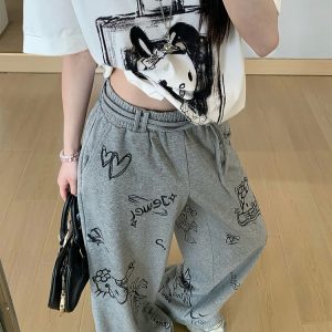 Gray Printed Wide-Leg Casual Pants for Women - Loose Slim Fit Summer Trousers, Trendy 90s Style