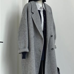 Gray Reversible Cashmere Coat for Women - High-End Woolen Jacket, Mid-Length, Korean Style, Autumn Winter 2024 Fashion