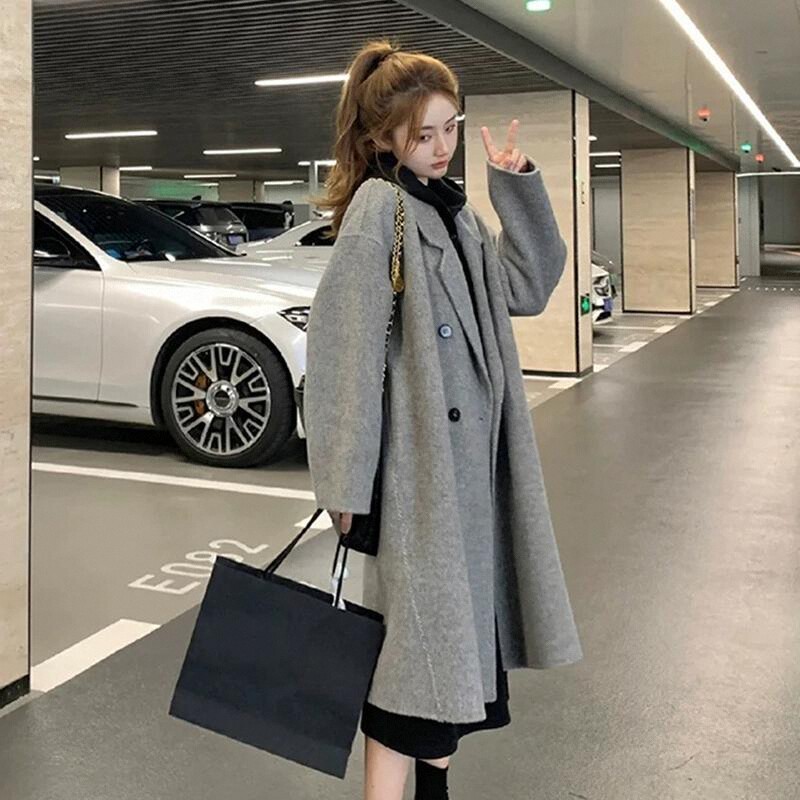 Gray Reversible Cashmere Coat for Women - High-End Woolen Jacket, Mid-Length, Korean Style, Autumn Winter 2024 Fashion Gray Reversible Cashmere Coat for Women - High-End Woolen Jacket, Mid-Length, Korean Style, Autumn Winter 2024 Fashion