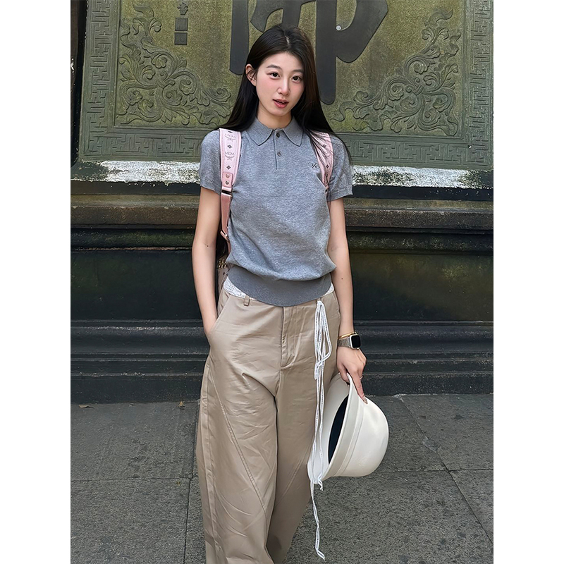 Gray Short Sleeve Polo Shirt for Women - Summer American Retro Knitted T-Shirt, College Style Slim Fit Top