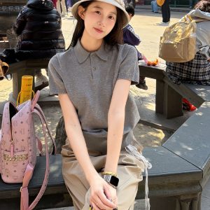 Gray Short Sleeve Polo Shirt for Women - Summer American Retro Knitted T-Shirt, College Style Slim Fit Top