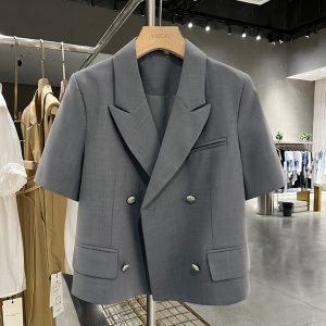 Gray Short Sleeve Suit Jacket for Women - Thin Summer Blazer, Trendy Korean Style 2025 Fashion, High-End Professional Look