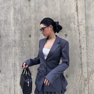 Gray Strap Waist-Cinching Fitted Suit & Pleated Skirt Set - City Girl Style for Trendy Outfits, Perfect for 90s and Y2K Fashion
