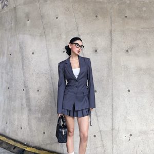 Gray Strap Waist-Cinching Fitted Suit & Pleated Skirt Set - City Girl Style for Trendy Outfits, Perfect for 90s and Y2K Fashion