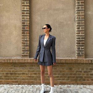 Gray Strap Waist-Cinching Fitted Suit & Pleated Skirt Set - City Girl Style for Trendy Outfits, Perfect for 90s and Y2K Fashion