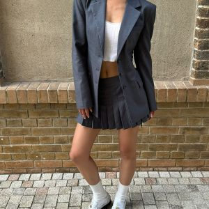 Gray Strap Waist-Cinching Fitted Suit & Pleated Skirt Set - City Girl Style for Trendy Outfits, Perfect for 90s and Y2K Fashion