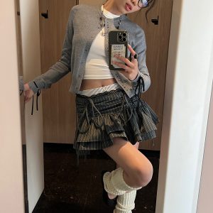 Gray Striped Drawstring Cake Skirt with Rhinestone Cardigan - Sweet and Spicy Miu Flavor, Y2K Style, Trendy Layered Outfit