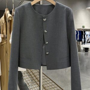 Gray Stylish Short Coat for Women - High-End Little Chanel Style, Versatile Elegant Outerwear for Spring and Autumn 2025