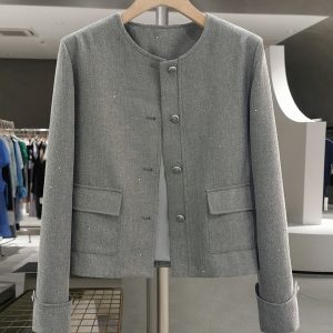 Gray Textured Wind Coat for Women - High-Quality Short Jacket for Spring & Autumn, Trendy Socialite Style