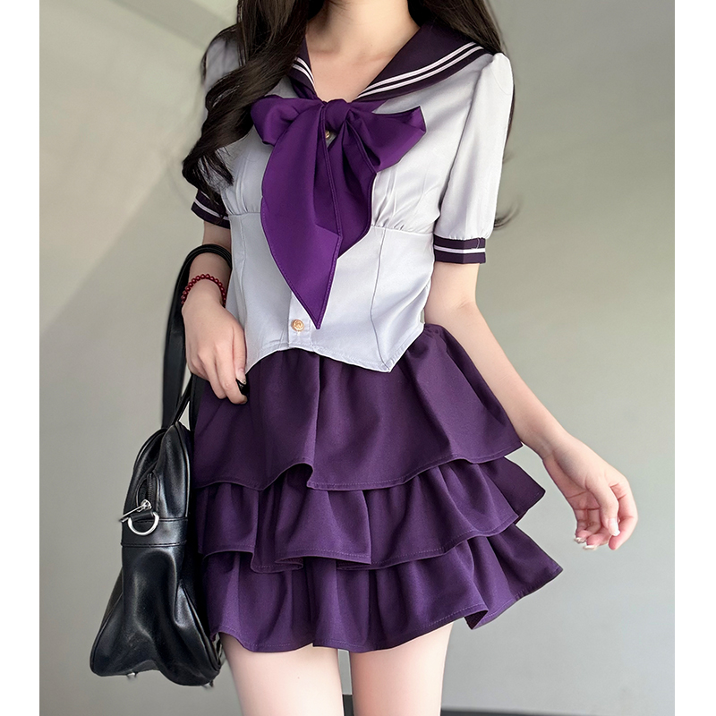 Gray Women's Summer JK Uniform Set with Puff Skirt and Cake Skirt - Trendy 2024 College Style Gray Women's Summer JK Uniform Set with Puff Skirt and Cake Skirt - Trendy 2024 College Style