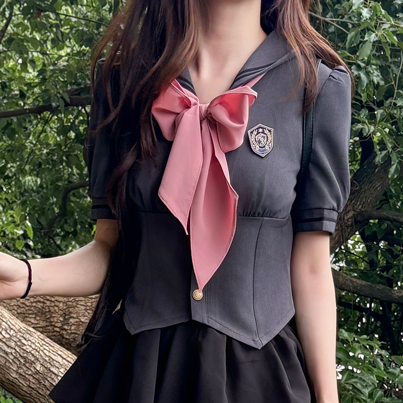 Gray Women's Summer JK Uniform Set with Puff Skirt and Cake Skirt - Trendy 2024 College Style Gray Women's Summer JK Uniform Set with Puff Skirt and Cake Skirt - Trendy 2024 College Style