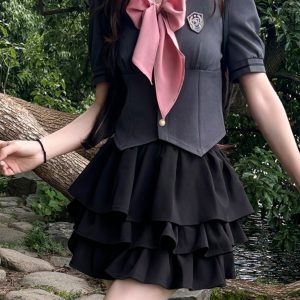 Gray Women's Summer JK Uniform Set with Puff Skirt and Cake Skirt - Trendy 2024 College Style