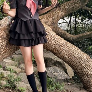 Gray Women's Summer JK Uniform Set with Puff Skirt and Cake Skirt - Trendy 2024 College Style