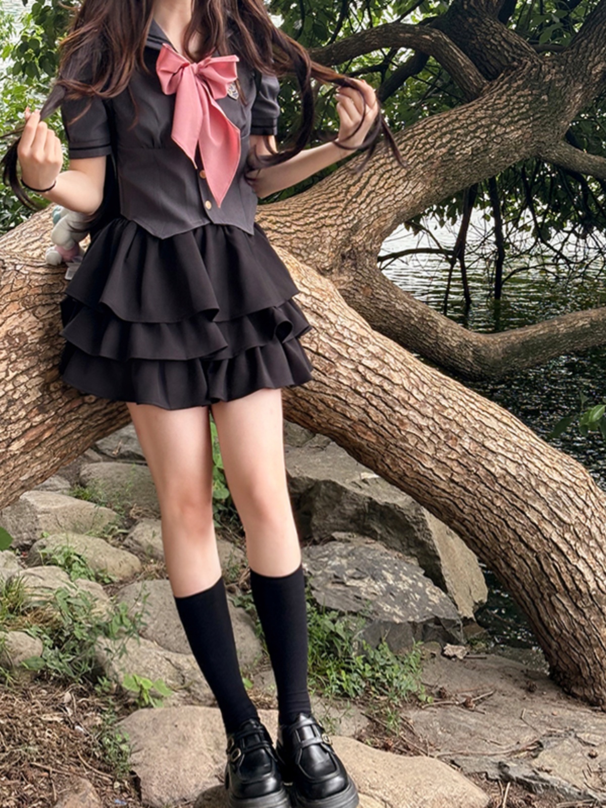 Gray Women's Summer JK Uniform Set with Puff Skirt and Cake Skirt - Trendy 2024 College Style Gray Women's Summer JK Uniform Set with Puff Skirt and Cake Skirt - Trendy 2024 College Style