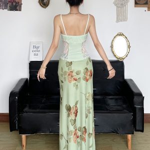 Green and Fresh Floral Mesh Midi Skirt - Women's Elegant Chinese Style Draped Design for a Chic Look