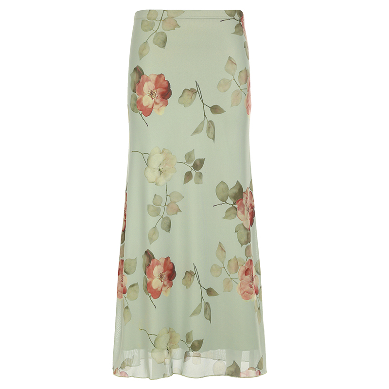 Green and Fresh Floral Mesh Midi Skirt - Women's Elegant Chinese Style Draped Design for a Chic Look
