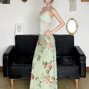 Green and Fresh Floral Mesh Midi Skirt - Women's Elegant Chinese Style Draped Design for a Chic Look