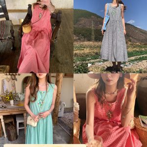 Green Apple Berry Plaid Embroidered Vest Dress for Women - Summer Loose A-Line High Waist Flared Long Skirt, Vintage Style
