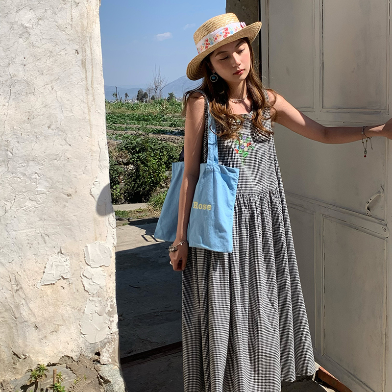 Green Apple Berry Plaid Embroidered Vest Dress for Women - Summer Loose A-Line High Waist Flared Long Skirt, Vintage Style