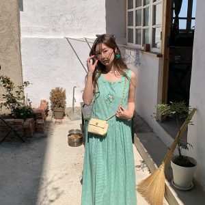 Green Apple Berry Plaid Embroidered Vest Dress for Women - Summer Loose A-Line High Waist Flared Long Skirt, Vintage Style