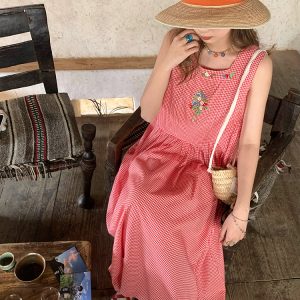 Green Apple Berry Plaid Embroidered Vest Dress for Women - Summer Loose A-Line High Waist Flared Long Skirt, Vintage Style