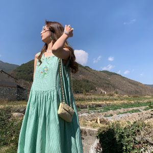 Green Apple Berry Plaid Embroidered Vest Dress for Women - Summer Loose A-Line High Waist Flared Long Skirt, Vintage Style