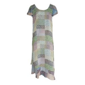 Green Field Ripples Retro Patchwork Chiffon Layered Dress for Women - Vintage Summer Forest Style Long Dress