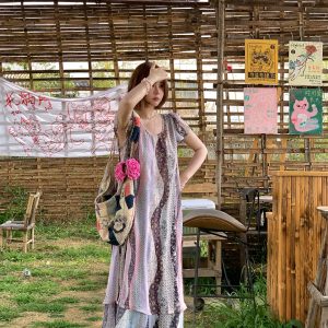 Green Field Ripples Retro Patchwork Chiffon Layered Dress for Women - Vintage Summer Forest Style Long Dress