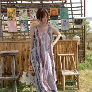 Green Field Ripples Retro Patchwork Chiffon Layered Dress for Women - Vintage Summer Forest Style Long Dress