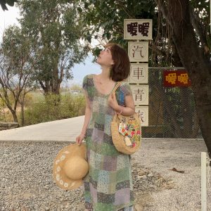 Green Field Ripples Retro Patchwork Chiffon Layered Dress for Women - Vintage Summer Forest Style Long Dress