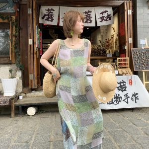 Green Field Ripples Retro Patchwork Chiffon Layered Dress for Women - Vintage Summer Forest Style Long Dress