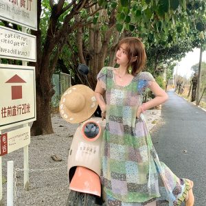 Green Field Ripples Retro Patchwork Chiffon Layered Dress for Women - Vintage Summer Forest Style Long Dress