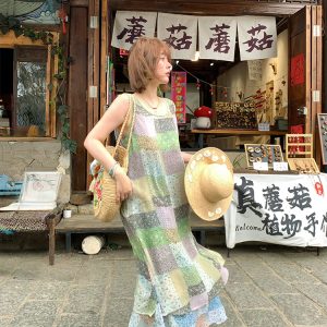 Green Field Ripples Retro Patchwork Chiffon Layered Dress for Women - Vintage Summer Forest Style Long Dress