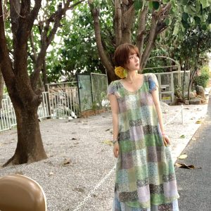 Green Field Ripples Retro Patchwork Chiffon Layered Dress for Women - Vintage Summer Forest Style Long Dress