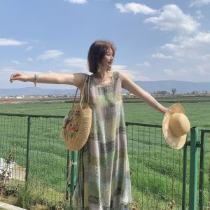 Green Field Ripples Retro Patchwork Chiffon Layered Dress for Women - Vintage Summer Forest Style Long Dress