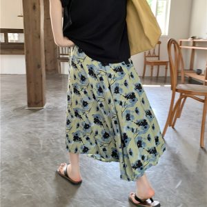 Green Floral Print A-Line Midi Skirt for Women - High-Waisted, Loose Chiffon, Plus Size, Summer Fashion Essential