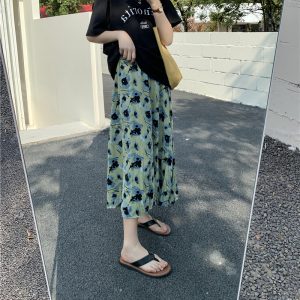 Green Floral Print A-Line Midi Skirt for Women - High-Waisted, Loose Chiffon, Plus Size, Summer Fashion Essential