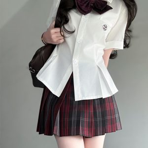 Green Folded Edge Short Sleeve Shirt for Women - Pudding Bear Original JK Uniform College Style, Summer Waist-Defined Design