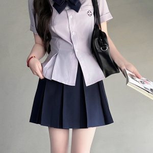 Green Folded Edge Short Sleeve Shirt for Women - Pudding Bear Original JK Uniform College Style, Summer Waist-Defined Design