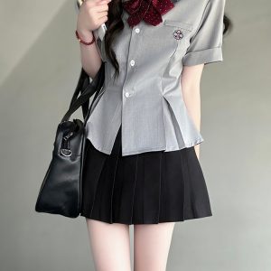 Green Folded Edge Short Sleeve Shirt for Women - Pudding Bear Original JK Uniform College Style, Summer Waist-Defined Design