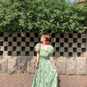 Green Grapefruit Lemon Tea Floral Linen Dress for Women - Vintage Summer Puff Sleeve Long Dress