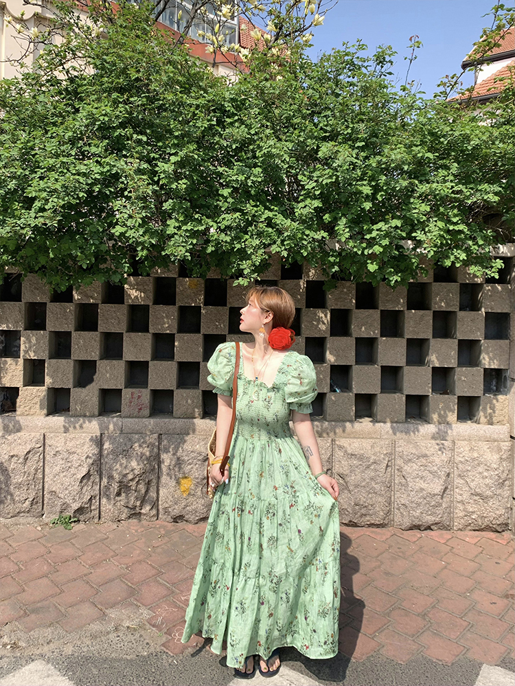 Green Grapefruit Lemon Tea Floral Linen Dress for Women - Vintage Summer Puff Sleeve Long Dress Green Grapefruit Lemon Tea Floral Linen Dress for Women - Vintage Summer Puff Sleeve Long Dress