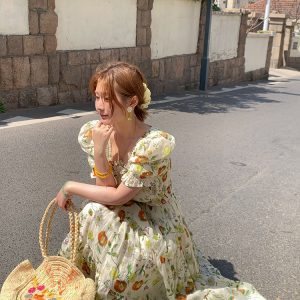 Green Grapefruit Lemon Tea Floral Linen Dress for Women - Vintage Summer Puff Sleeve Long Dress