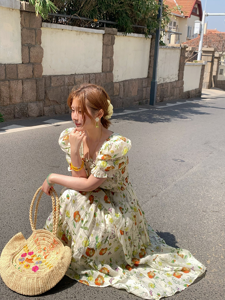 Green Grapefruit Lemon Tea Floral Linen Dress for Women - Vintage Summer Puff Sleeve Long Dress Green Grapefruit Lemon Tea Floral Linen Dress for Women - Vintage Summer Puff Sleeve Long Dress