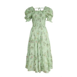 Green Grapefruit Lemon Tea Floral Linen Dress for Women - Vintage Summer Puff Sleeve Long Dress