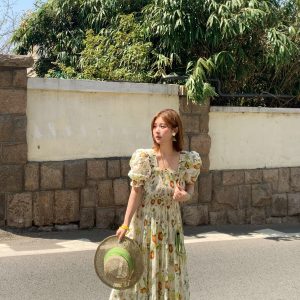 Green Grapefruit Lemon Tea Floral Linen Dress for Women - Vintage Summer Puff Sleeve Long Dress