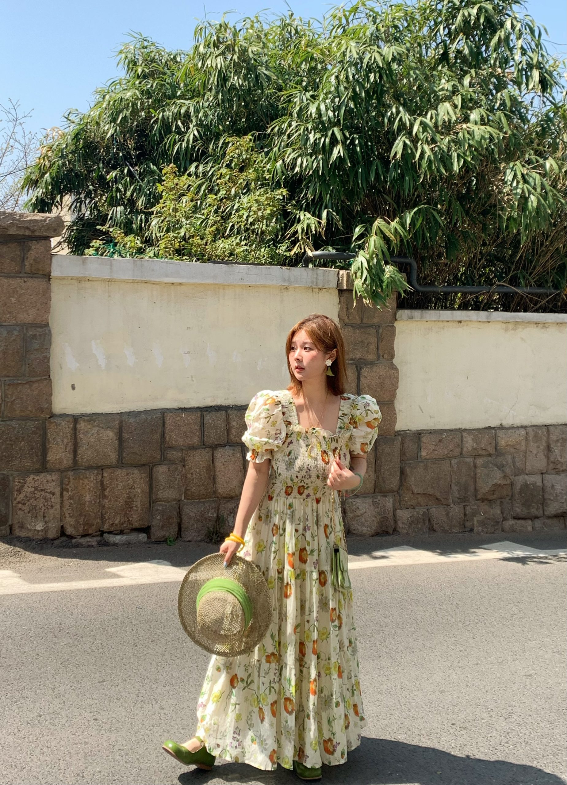 Green Grapefruit Lemon Tea Floral Linen Dress for Women - Vintage Summer Puff Sleeve Long Dress Green Grapefruit Lemon Tea Floral Linen Dress for Women - Vintage Summer Puff Sleeve Long Dress