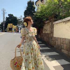 Green Grapefruit Lemon Tea Floral Linen Dress for Women - Vintage Summer Puff Sleeve Long Dress