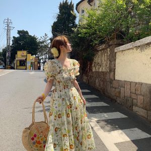 Green Grapefruit Lemon Tea Floral Linen Dress for Women - Vintage Summer Puff Sleeve Long Dress